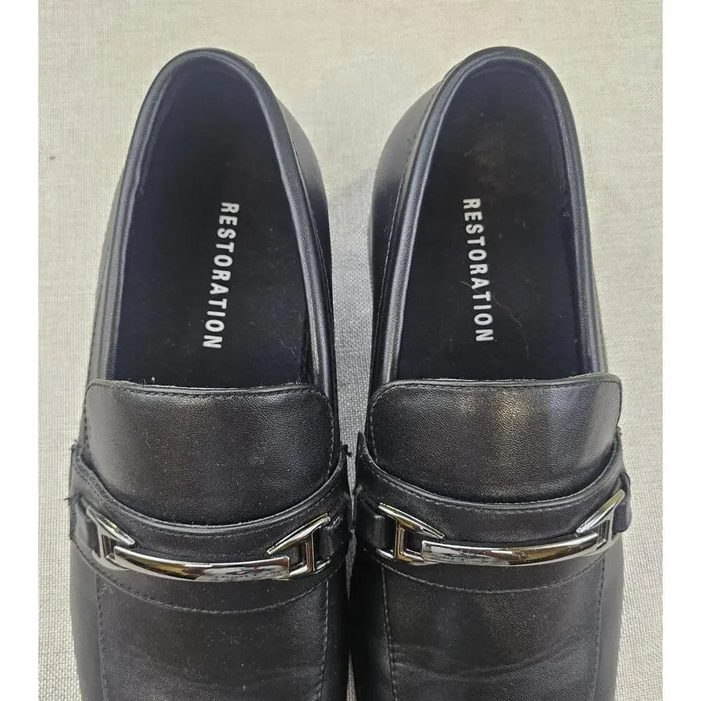 RESTORATION Classic Loafers Shoes Black Leather Metal Bit Square‎ Toe Mens 8